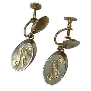 Vintage KARU drop down initial N earrings screw back GP gold tone